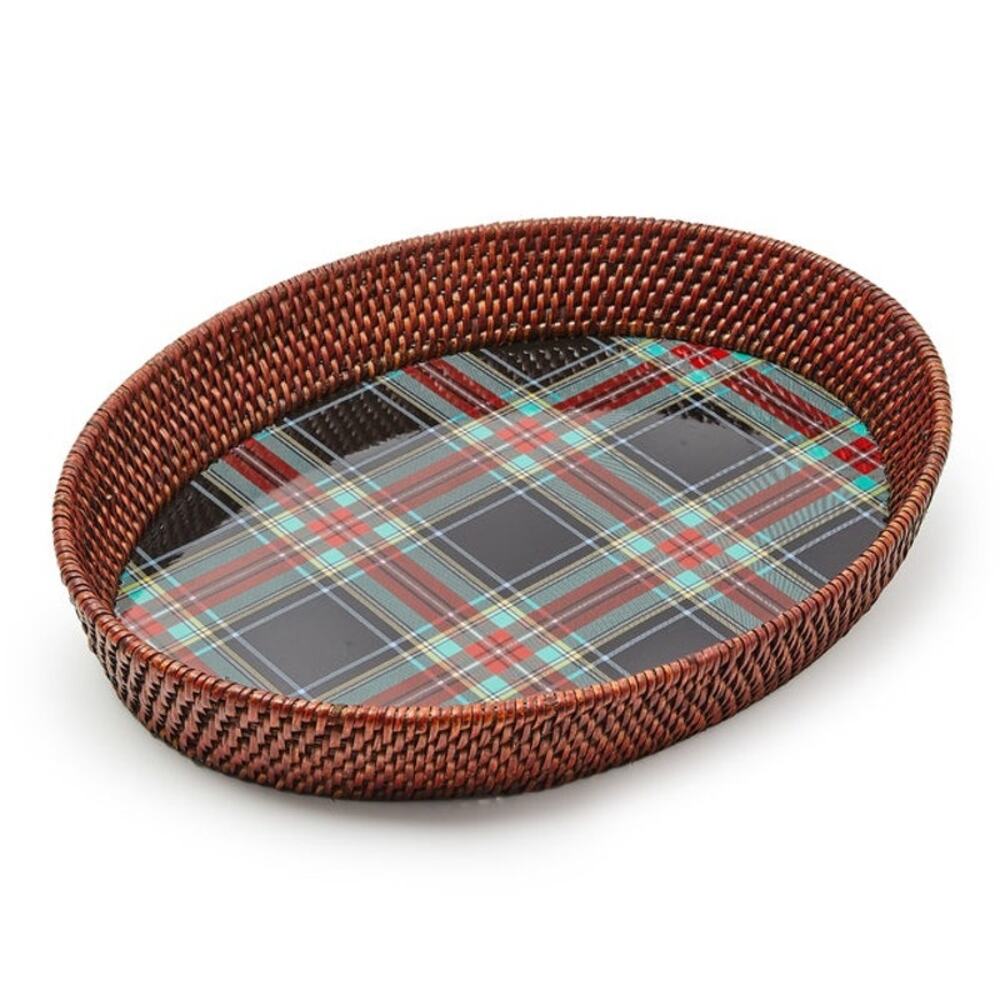 NEW Mackenzie Childs Tartan Large Black Rattan Serving Tray 15x11
